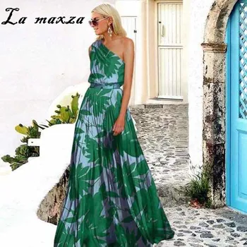 Vintage Elegants Sieviešu Drukāt Maxi Kleita 2020. Gada Vasaras Modes Viena Pleca, Puse Kleita Sievietēm