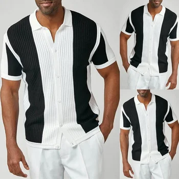 Vintage Raibs Trikotāžas Krekls Vīriešiem Ir 2021. Gadījuma Zaudēt Īsām Piedurknēm Krekli Vasaras Vīriešu Modes Buttoned Atloks, Topi Streetwear
