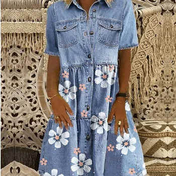 Vintage Sievietes, Savukārt-Apkakle Ziedu Drukāt Kleita Gadījuma Pogu Dizaina Īsām Piedurknēm Maxi Kleita Jauna Dāma Slim Stila Džinsa Kleita