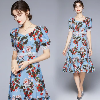 Vintage Sieviešu Kleitas Ir 2021. Vasaras Jauna Eleganta Ziedu Drukāt Laukumā Colar Puff Piedurknēm Augsta Vidukļa Slim Ruffles Kleitas Femme Vestidos
