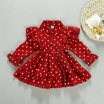 Vintage Toddler Bērniem, Baby Meitenes sundress Drēbes ar garām piedurknēm melnā, sarkanā ploka dot drukas Savirmot Šūpoles Kleitu Punkti Puse Kleitas