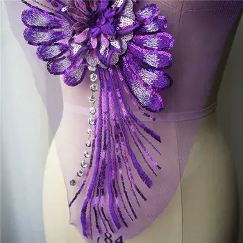 Violeta 3D Ziedu Mežģīņu Auduma Sequin Pušķis Izšūti Kleita Appliques Apkakles Pinuma Šūt Plāksteris, Kāzu Dekorēšana Kleita DIY