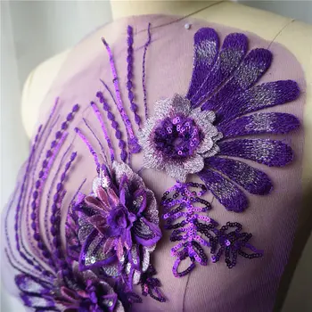 Violeta 3D Ziedu Mežģīņu Auduma Sequin Pušķis Izšūti Kleita Appliques Apkakles Pinuma Šūt Plāksteris, Kāzu Dekorēšana Kleita DIY