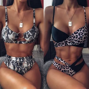 VIP Sievietes Augsta Vidukļa Sexy Bikini Čūska Leopards Izdrukāt Push Up Peldkostīms ir 2021.