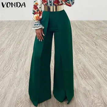 VONDA Sieviešu Elegants ar Augstu Vidukli, Plaša Kāju Bikses Ir 2021. Modes vienkrāsainu Garās Bikses Kroku Palazzo Rāvējslēdzēju Cietā Pantalon Femme