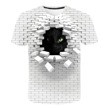 Vīrieši 3d Kaķis Sienas Drukāt Gadījuma Harajuku Sieviešu T-Krekls Vasaras Īsām Piedurknēm O-veida Kakla Kvalitātes Tee Zēni Grils Drēbes Top Sieviešu T Krekls