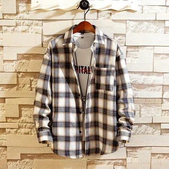 Vīrieši Harajuku Krāsu Bloku Pleds Krekls Mens Ir 2021. Streetwear Bieza Krekli Ar Garām Piedurknēm Vīriešu Vintage Korejas Modes Apģērbi Vīriešiem
