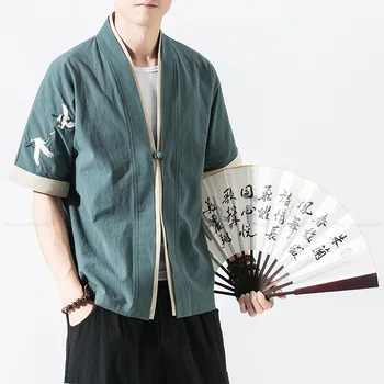 Vīrieši Japāņu Kimono Drēbes Haori Blūze Ķīniešu Stila Celtni, Izšūti Tang Uzvalks Hanfu Krekls, Kleita Ikdienas Jaka Streetwear Mētelis