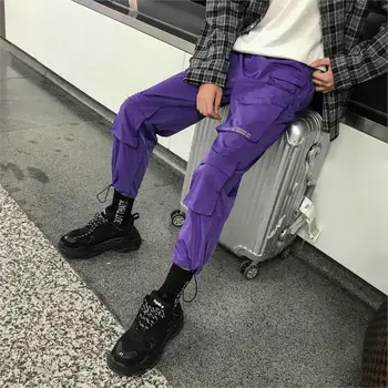 Vīrieši Streetwear Kravas Bikses Ir 2021. (Dungriņi) Vīriešu Baggy Hip Hop Joggers Bikses Kabatas Harēma Bikses Lillā Treniņbikses Korejiešu