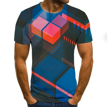 Vīriešu 3D iespiests T-krekls, smieklīgi T-krekls ar krāsu, melnā un zilā rakstu, apaļu kakla īsām piedurknēm T-krekls, vasaras 2021