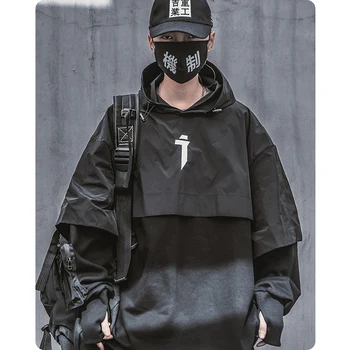 Vīriešu apģērbu Harajuku streetwear lielgabarīta Hiphop pavasara šalle džemperis viltus divi melni funkciju zaudēt cietā hoodies mīļākais kapuci