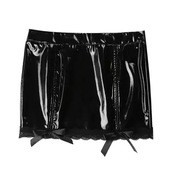 Vīriešu Femme Mežģīnes Apdari Ādas Mini Svārki Miniskirt Clubwear Gothic Sexy Kostīms Puse Bowknot Zīmuli Svārki Ir Liela Izmēra Karstā Clubwear