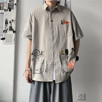 Vīriešu krekls rudens korejas grafiti instrumenti īsām piedurknēm tendence zaudēt ikdienas krekls studentu retro pusi piedurknēm jaka vīriešu krekls