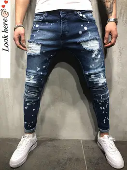 Vīriešu tīrtoņa Krāsu Džinsi Ir 2021. Jaunās Modes Slim Pencil Bikses Sexy Gadījuma Caurumu Ripped Dizaina Streetwear