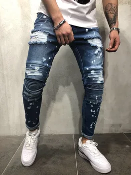 Vīriešu tīrtoņa Krāsu Džinsi Ir 2021. Jaunās Modes Slim Pencil Bikses Sexy Gadījuma Caurumu Ripped Dizaina Streetwear