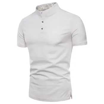 Vīriešu vasaras jaunu stilu Eiropas un Amerikas īsām piedurknēm gadījuma vienkrāsainu kokvilnas un lina augsta kakla T-krekls GDSB3