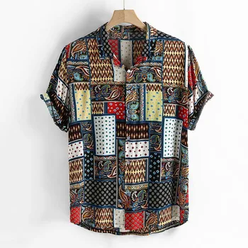 Vīriešu Vintage Etnisko Stilu Drukāšanas Zaudēt Īsām Piedurknēm Stāv Apkakle Ikdienas Krekls ikdienā valkājot augstas kvalitātes biroja big blūze