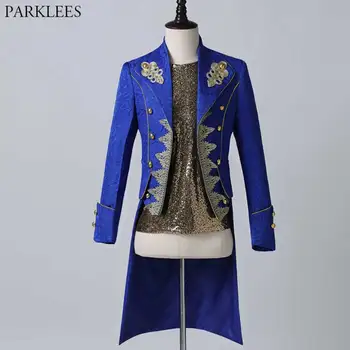 Vīriešu Zelta Izšuvumiem Steampunk Viktorijas Tailcoat Jaka Puse Viduslaiku Cosply Balli Kostīms Vintage Royal Zilu Uzvalku Mēteļi