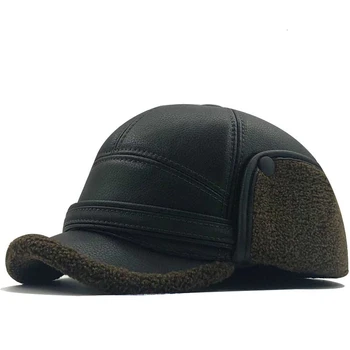 Vīriešu ziemas ādas klp silts raibs tētis cepure beisbola cepures ar ausu atlokiem krievijas regulējams snapback cepures vīriešiem casquette