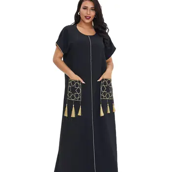 WEPBEL Musulmaņu Īsām Piedurknēm Drēbes Vasaras Modes Drukāt Kabatas Izšūšanas Pušķis Kleita Sieviešu Ikdienas O-veida Kakla Zaudēt Dubaija Kleita