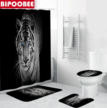 White Tiger Dzīvniekiem Iespiesti Dušas Aizkaru Komplekts Melnā Vannas istaba Peldvietu Ekrāns Anti-slip Tualetes Vāka Pārsegs Paklāju, Grīdsegu Mājas Dekoru