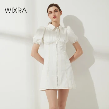 Wixra Sieviešu Jauniem Karstā Polo Kakla Cieto Īso Rāvējslēdzēju Elastīgas Puff Piedurknēm Dāmas Moderns Vasaras Stilīgs Mini-Line Kleitas