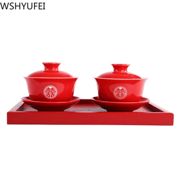 WSHYUFEI Ķīniešu kāzu tējas uzstādīt Keramikas Red tea set Dāvanu Porcelāna Ķīnas tējas set Home (sākuma porcelāna tējkanna High-end tēju komplekts