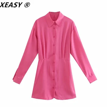 XEASY ir 2021. Sieviešu Modes Kroku Soft Touch Aprīkots Mini Krekls, Kleita Vintage garām Piedurknēm Pogas-uz augšu, Sieviešu Kleitas Vestidos