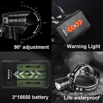 XHP199 High Power Led Lukturis Usb Lādējamu Zvejas Lukturu 18650 Spēcīgu Galvas Lukturīti XHP90 IS Sensoru Galvas Lampas Gaismas