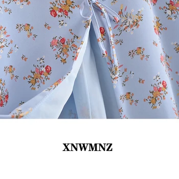 XNWMNZ Vintage Centrs Pārsējs Tie Midi Sieviešu Kleita Ir 2021. Ziedu Drukāt Zilā Šifona Vestidos Retro Tvertne Vasaras Kleitas, Drēbes, Split