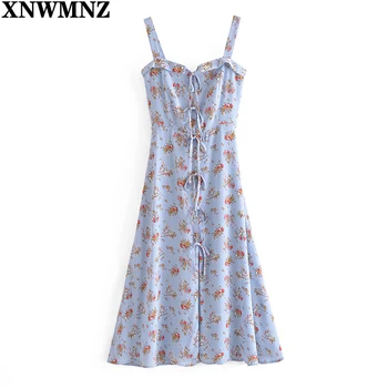XNWMNZ Vintage Centrs Pārsējs Tie Midi Sieviešu Kleita Ir 2021. Ziedu Drukāt Zilā Šifona Vestidos Retro Tvertne Vasaras Kleitas, Drēbes, Split