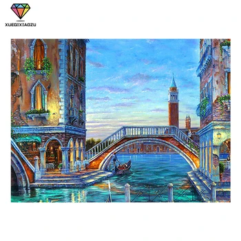 XUEQIXIAOZU 5D DIY Glezniecības Pilnībā Apaļā Dimanta Silts Venēcijas Ainas Attēlu Cross Stitch Mozaīkas Attēlu Rhinestones Izšūšana