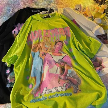 Y2k Estētisko T Krekls Zaudēt Lielgabarīta Īsām Piedurknēm Grafiskais Izdrukāt Lakrosa Sieviešu Harajuku Streetwear Vintage Zaļš Tops Sievietēm