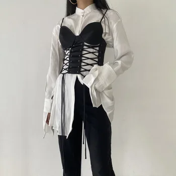 Y2K Goth Streetwear Melns Tops Baltā Vasaras Sievietes Seksīgo Korsešu Vintage Dobi No Camis Harajuku Sleevless Pārsējs Backless Kultūru