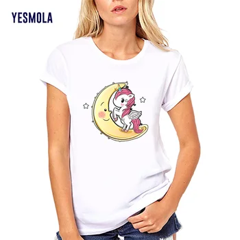 YESMOLA Sieviete Tshirt Jauki Mēness Unicorn T-krekls Smieklīgi Īsām Piedurknēm Gadījuma Karikatūra Modes Kokvilnas Tee Krekli Pusaudžu Meitene