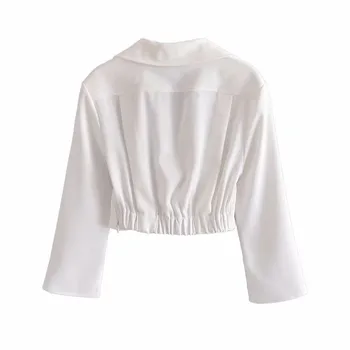 Za 2021. Gada Vasaras Kroku Apgriezts Sieviešu Blūze Ar Garām Piedurknēm Atloks Apkakli Vintage Balts Krekls Sievišķīgs, Šiks Ruching Aprīkots Īss Augšu