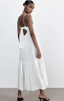 ZA 2021 Sieviešu Vasaras Šiks Modes Slim Bohemia Ilgi Svārki Eleganti Caurs Atpakaļ-Line Plānas Siksnas Sieviešu Baltās Kleitas Jaunas
