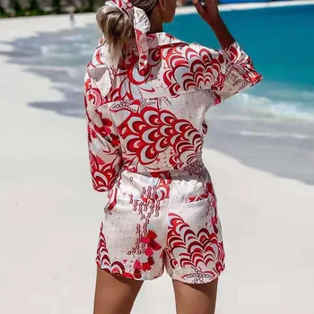 ZA Sievietes Ir 2021. Vasaras Sarkans Krekls Drukas Tērpi 2 Gabali, kas Nosaka Sieviete Šorti noteikts Augsts Viduklis, Elegantas Dāmas Vintage Beach Uzvalks