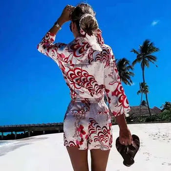 ZA Sievietes Ir 2021. Vasaras Sarkans Krekls Drukas Tērpi 2 Gabali, kas Nosaka Sieviete Šorti noteikts Augsts Viduklis, Elegantas Dāmas Vintage Beach Uzvalks