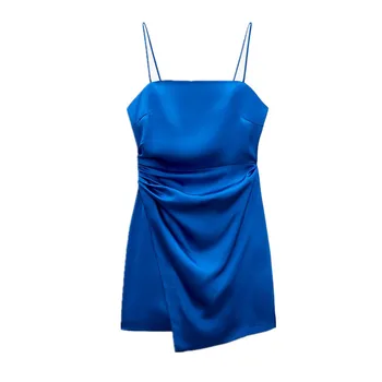 ZA vasaras jaunā modes zīmola sieviešu apģērbu kroku apdare mini slim linga safīra zila kleita RA