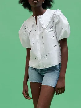 ZA vasarā jaunu sieviešu apģērbu salds vecuma-samazinot žakarda dobi izšuvumi poplīns krekls top