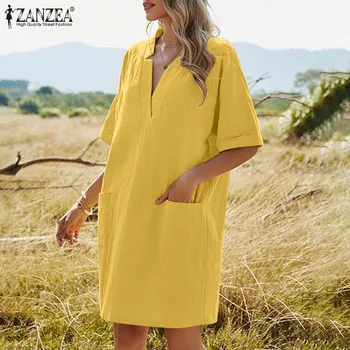 ZANZEA Elegantu Vasaras Sundress Ir 2021. Modes Sievietēm ar Īsām Piedurknēm Zaudēt Mini Kleita Gadījuma Darbu Kokvilnas Krekls Vestidos Kaftan Drēbes