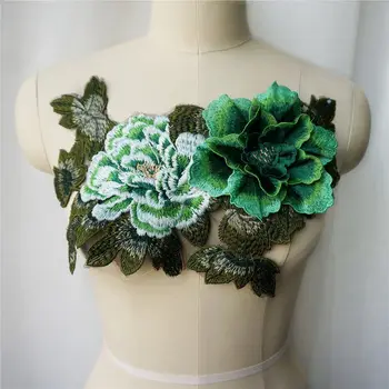 Zaļā 3D Peoniju Ziedu Lapu Mežģīņu Auduma Daudzslāņu Apkakle Izšūta Kleita Appliques Šūt Plāksteris, Kāzu Dekorēšana Kleita DIY