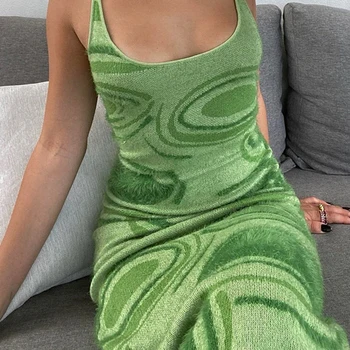 Zaļā Y2K Kleita Vasaras Sieviešu Kleita Ir 2021. Drukāt Adīt Bodycon Kleita Sexy Spageti Siksnas Puse Kleitas Klubu Apģērbs Sieviešu Apģērbs