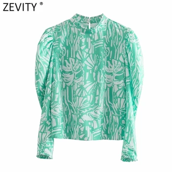 Zevity ir 2021. Sieviešu Modes Agaric Mežģīnes Stand Apkakli Drukāšanas Gadījuma Smock Blūze Sieviešu Puff Piedurknēm Krekls Šiks Blusas Topi LS7711