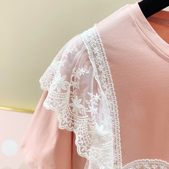 Ziedlapa Piedurknēm Tee T Krekls Sieviešu Vasaras Top Rozā Mežģīņu Blusa ir 2021. korejiešu Stilā T Īsām Piedurknēm Krekli Ikdienas Sieviešu Apģērbu Y2K