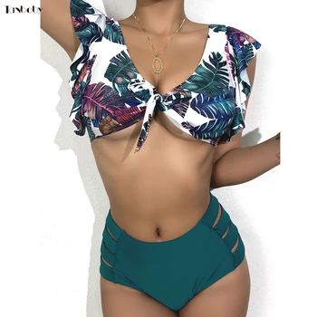 Ziedu 2021 Peldkostīmi Sieviešu Augstais Viduklis Bikini Plecu Savirmot Pārsējs Tops ar Īsām Piedurknēm Biquinis Beach Vasaras peldkostīmu