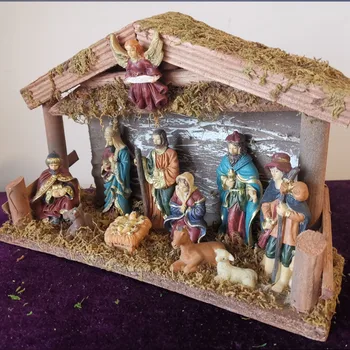 Ziemassvētku Gultiņa Figūriņas Statuja kristus dzimšanas Ainu, Jēzus Mazuli Silītē Miniatūras Rotājumu Sveķiem, Ar Dāvanu LED String Gaismas Dropship