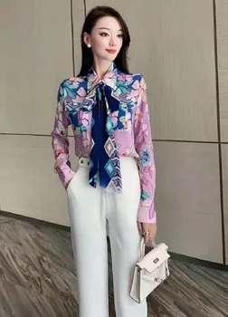 Zīda Krekli Ir 2021. Pavasara Vasaras Modes Blūzes Sieviešu Kārtas-Apkakle Loku Deco Ziedu Drukāt garām Piedurknēm Gadījuma Violets Krekls
