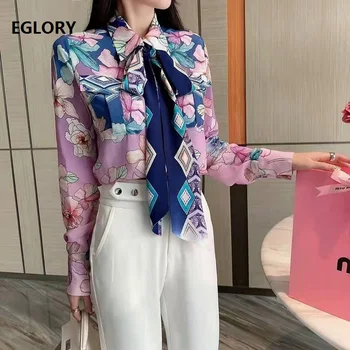 Zīda Krekli Ir 2021. Pavasara Vasaras Modes Blūzes Sieviešu Kārtas-Apkakle Loku Deco Ziedu Drukāt garām Piedurknēm Gadījuma Violets Krekls